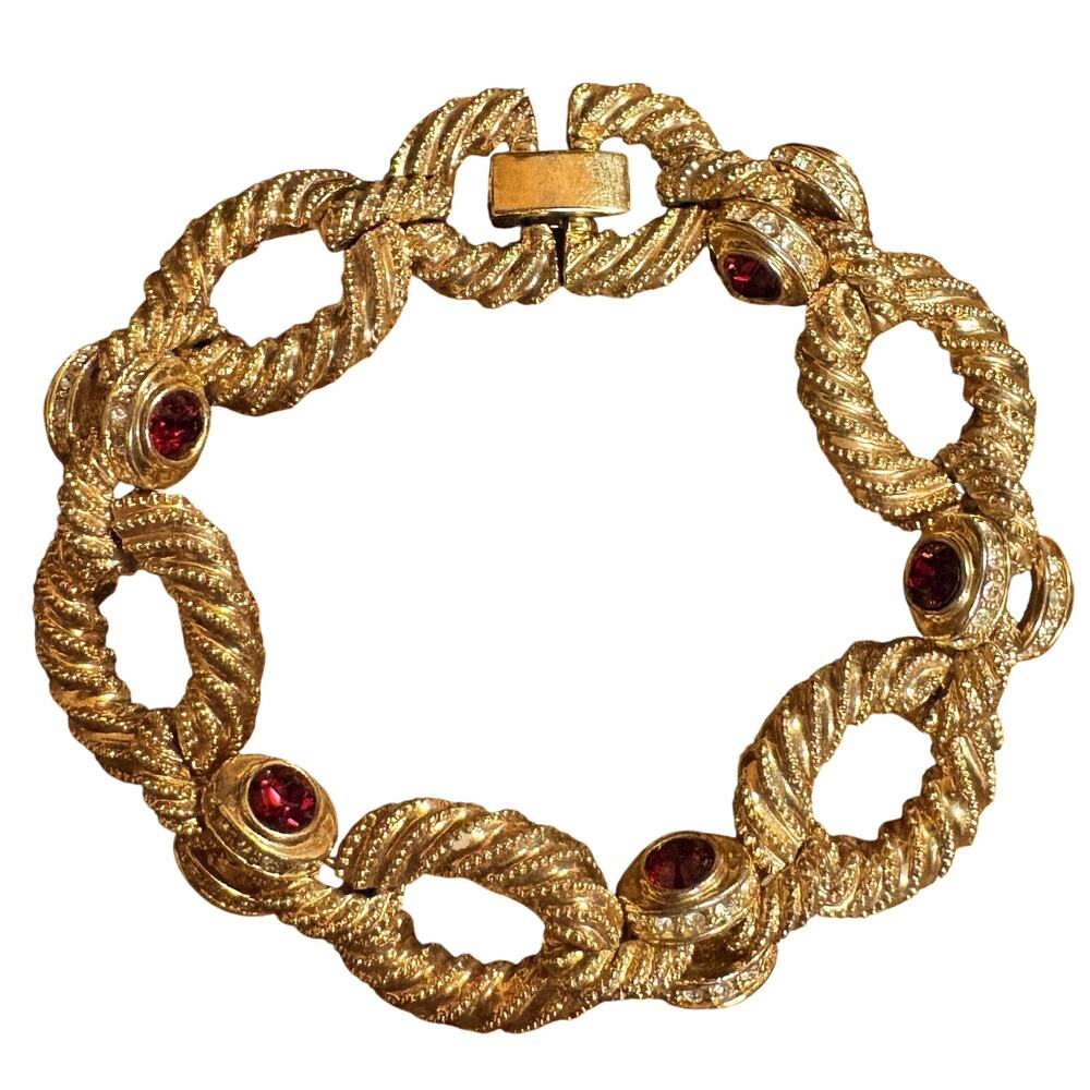 Camrose & Kross Gold Tone with Red and Clear Crystals 7.25 Inches Vintage JBK